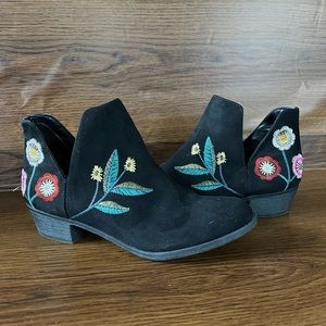 Black Faux Suede Floral Booties